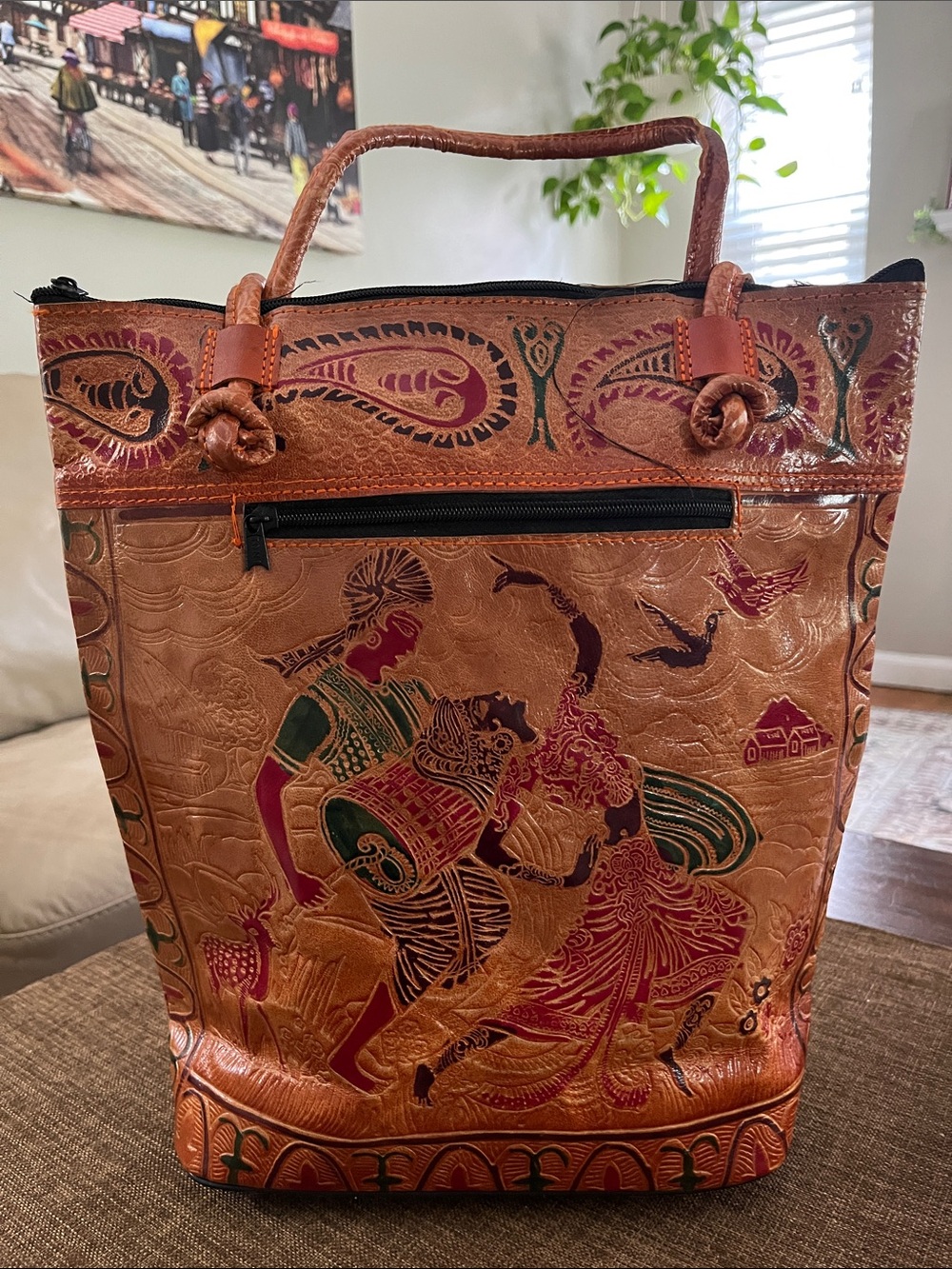 Hand-Painted Tan Leather Tote Bag with Indian Dance Motif